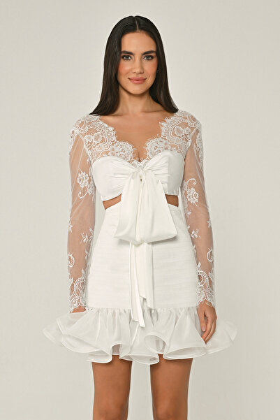 ALFABETA KADIN ABİYE ÜST DANTEL ETEGİ FIRFIRLI ŞİFON KISA ELBİSE