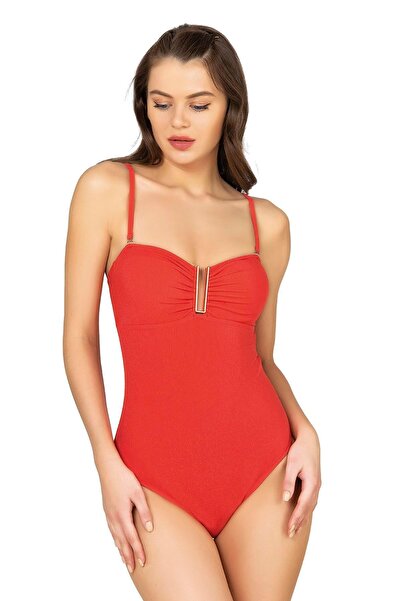 Endeep Kadın U Aksesuarlı Nar Çiçeği Dokulu Straplez Mayo