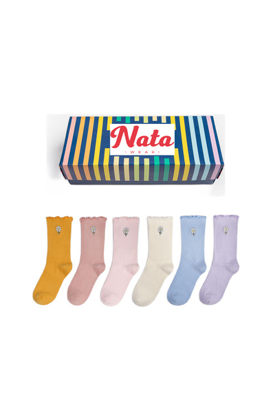 Natawear 6'lı Papatya Nakışlı Fırfırlı Kadın Soket Çorap Kutusu.