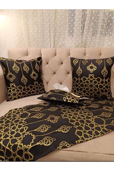 Generica مفرش رمضان رنر مع 2 غطا مخده وعلبة محارم وكيس للتمر