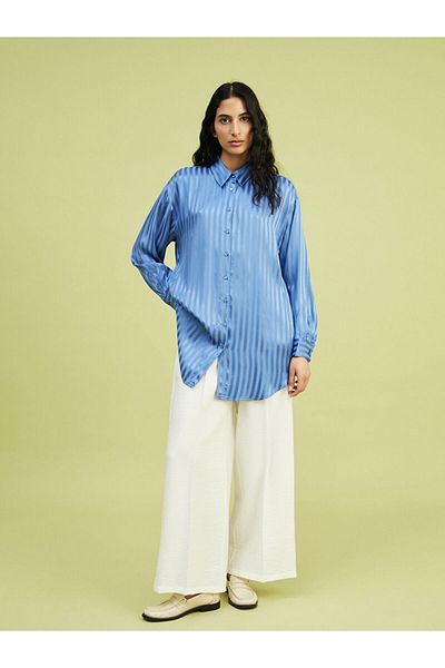 LC Waikiki Tunica cămașă pentru femei LCW Modest cu dungi oversize din satin