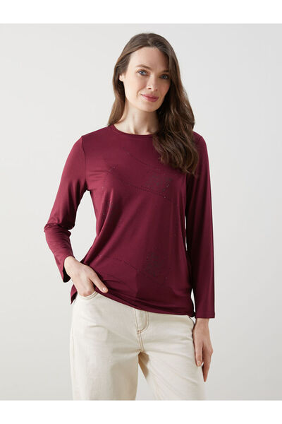 LC Waikiki Γυναικείο μπλουζάκι Claret Red Crew Neck με πέτρες