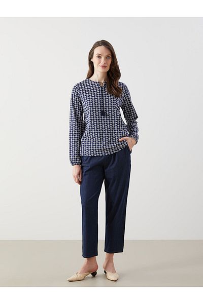 LC Waikiki Grace Navy Blue Tie Collar Patterned Women's Blouse