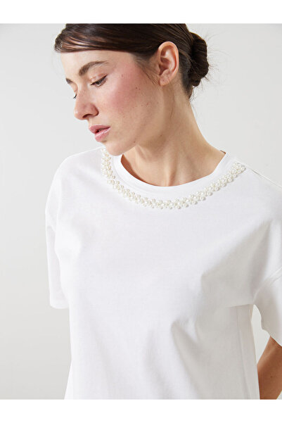 LC Waikiki Ecru crew neck beaded women's t-shirt