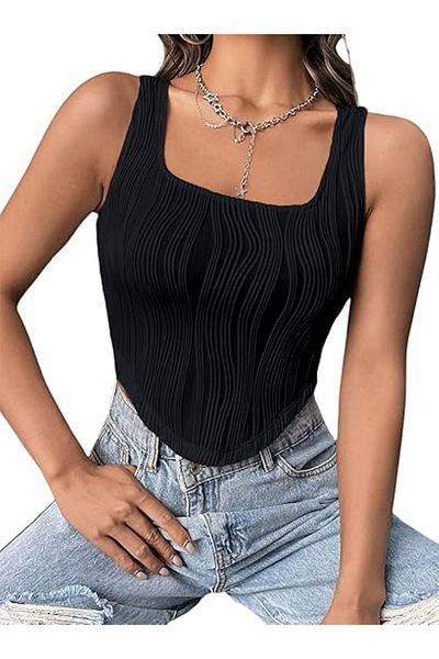 Wild Flower Crop negru de vară împletit, elastic, slim-fit, cu gât pătrat