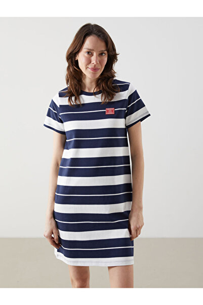 LC Waikiki LCW Comfort Lacivert Bisiklet Yaka Çizgili Kadın Elbise