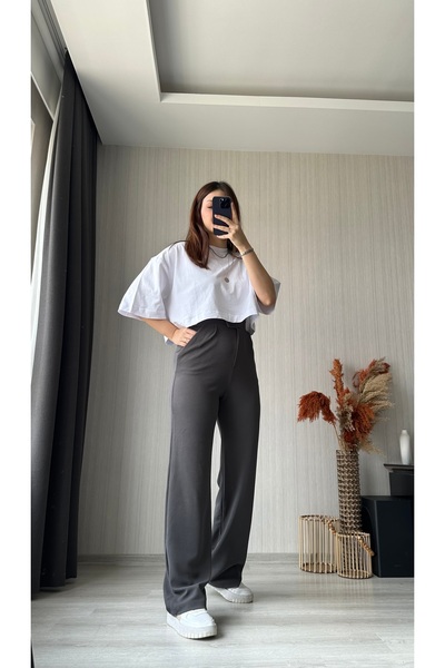 FASİON Gri Beli Cırtcırtlı Palazzo Pantolon