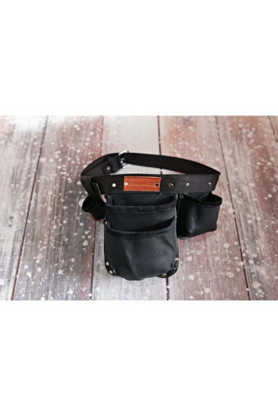 ykrhn Siyah Üç Cepli Deri Çivi Önlüğü