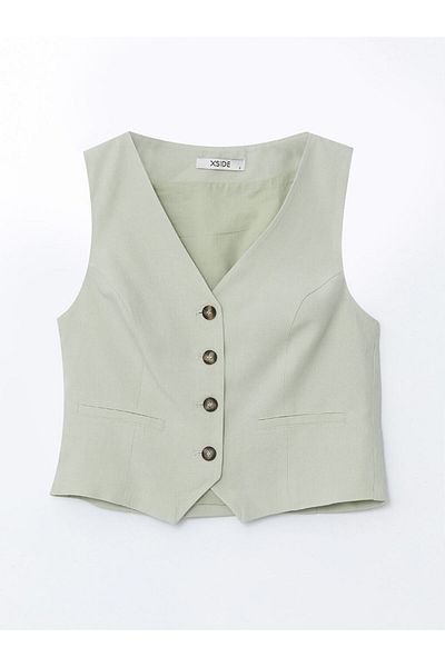 LC Waikiki New Season V-Neck Linen Blend Women's Classic Vest - S5Gu00Z8