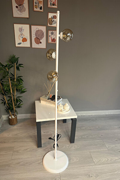 Bamyum Lambader Bal Rengi Cam Başlık Modern Dekoratif Metal Oturma Odası Zemin Lambası