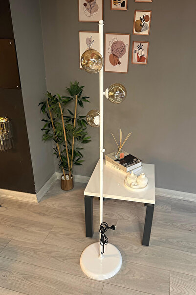 Bamyum Lambader Bal Rengi Cam Başlık Modern Dekoratif Metal Oturma Odası Zemin Lambası