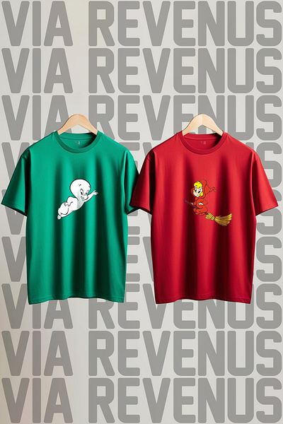 Vordevia Cute Ghost Casper and Wendy Printed Wide Fit Crew Neck Lover Combination Tshirt