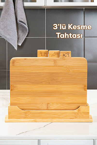 Porsima 16668 Piero Bambu 3lü Standlı Kesme Tahtası Seti Kesim Panosu Ahşap K...