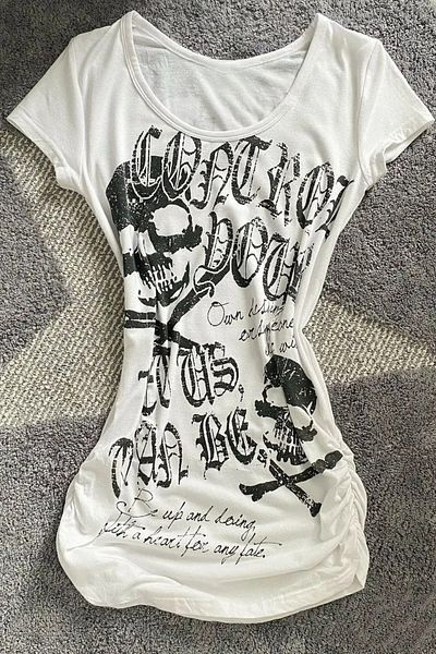 Karakedi Gothic Skulls Control Printed White Short Sleeve Body