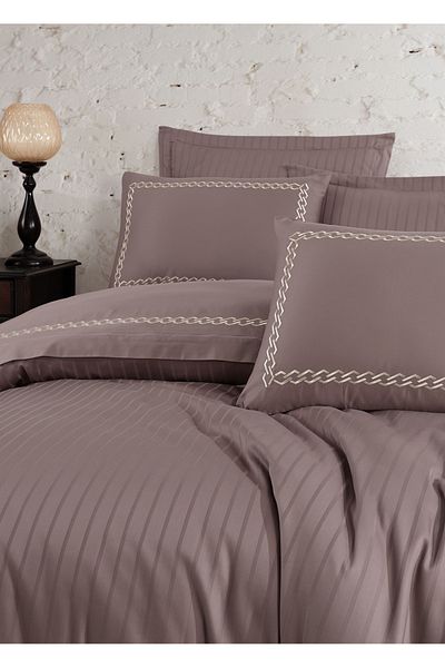 Dantela Set cuvertură de pilota din satin de bumbac brodat de culoare maro deschis