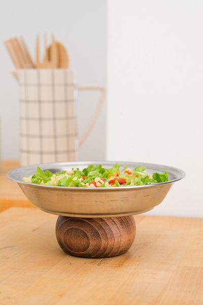 Beige & Stone Stylish 21 cm Round Wooden Leg Steel Presentation Plate
