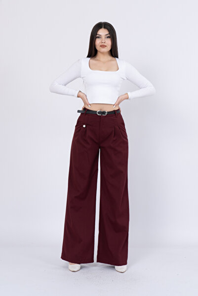 MissVina بنطال واسع الساق بحزام وجيب مطوي وأزرار مفصلة 30222