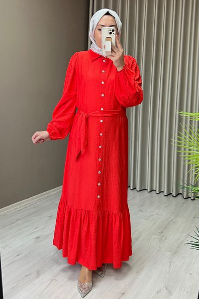 T Moda Store Shirt Collar Stone Button Detailed Full Length Hijab Dress