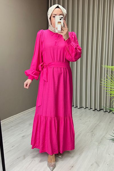 T Moda Store Shirt Collar Balloon Sleeve Detailed Hijab Full Length Dress