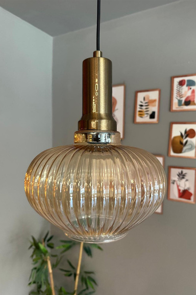 Bamyum Ruiz Cam Bal Rengi Tekli Avize Eskitme Fener Başlık Retro Sarkıt Lamba...