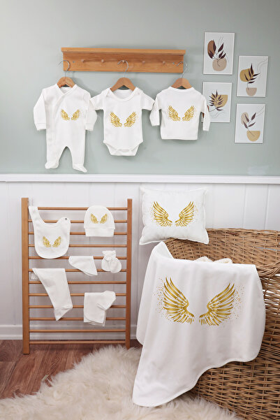 bebeqon 11 Parça Yenidoğan Hastane Çıkış Seti Yaldızlı Melek Kanadı Baskılı B...