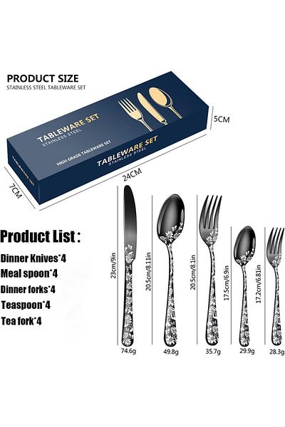 COOYA 20-Piece Black Silverware Set, Unique Pattern Design, Mirror Polished and Dishwasher Safe