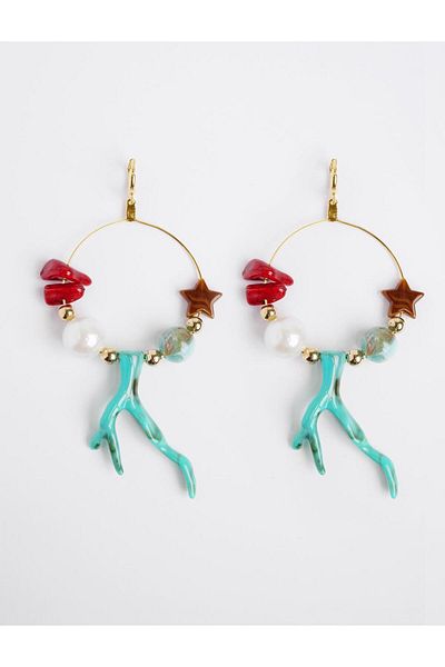 Jimmy Key Blue Asymmetrical Figured Pearl Detailed Hoop Earrings