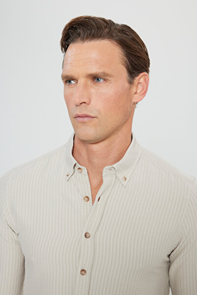 ALTINYILDIZ CLASSICS Men's Beige Slim Fit Slim Fit Buttoned Collar Dobby Seersucker Patterned Shirt