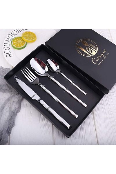 COOYA Silverware Set, Stainless Steel Flatware, Nordic Tableware, Knife Fork Spoon 4Pcs Gift Set (Sliver)