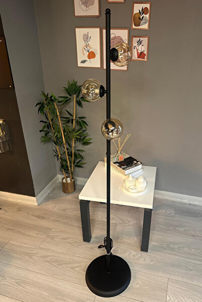 Bamyum Lambader Bal Rengi Cam Başlık Modern Dekoratif Metal Oturma Odası Zemin Lambası