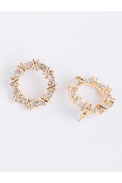 Jimmy Key Gold Color Shiny Stone Detailed Round Earrings