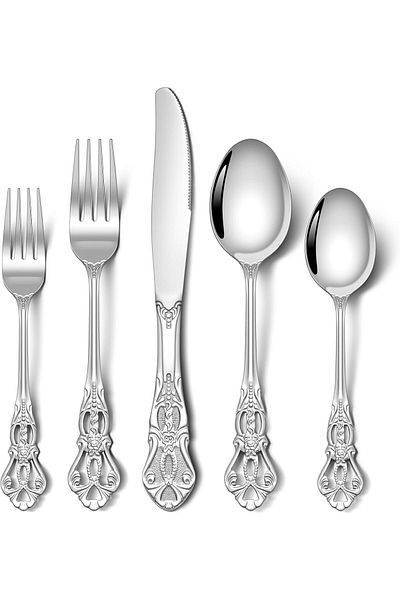 COOYA 5PCS Silverware Set, Gorgeous Retro, Stainless Steel, Home and Restaurant, Mirror Polished