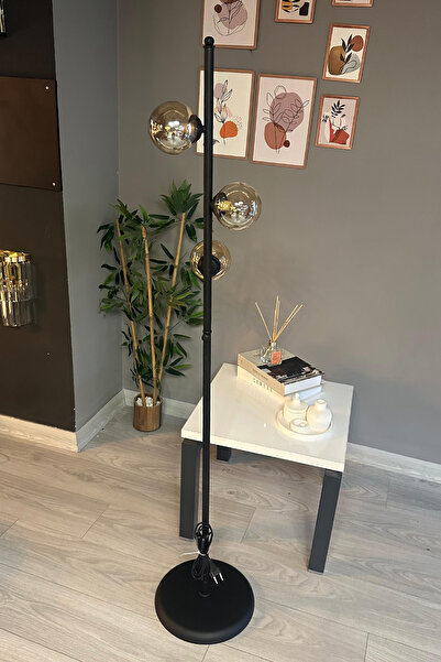 Bamyum Lambader Bal Rengi Cam Başlık Modern Dekoratif Metal Oturma Odası Zemin Lambası