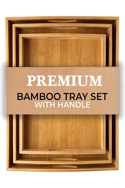 AWH Bamboo Tray Set – 3pc Wooden Serving Trays With Handles For Kitchen, Food & Outdoor Use