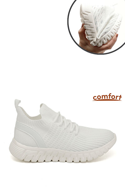 GÖNDERİ(R) حذاء رياضي نسائي مريح من التريكو الأبيض برباط ونعل من إسفنج ميموري...