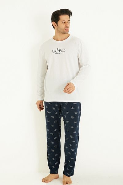 Siyah İnci Ecru Patterned Cotton Crew Neck Embroidered Long Sleeve Knitted Pajama Set