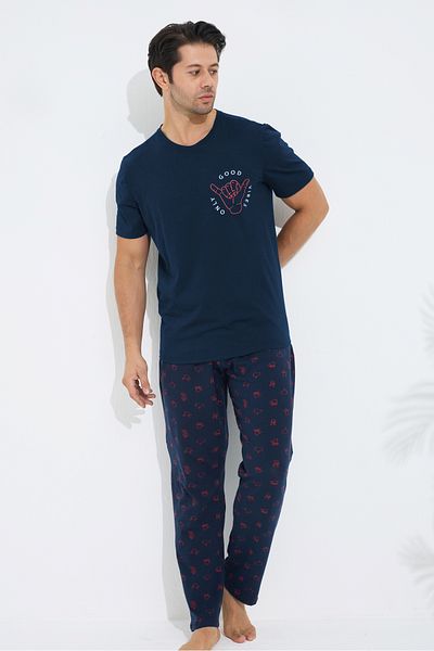 Siyah İnci Navy Blue Patterned Cotton Crew Neck Printed Short Sleeve Knitted Pajama Set