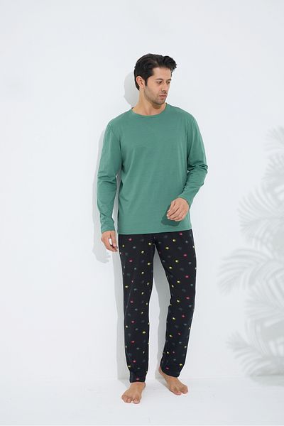 Siyah İnci Green Patterned Cotton Crew Neck Long Sleeve Knitted Pajamas Set
