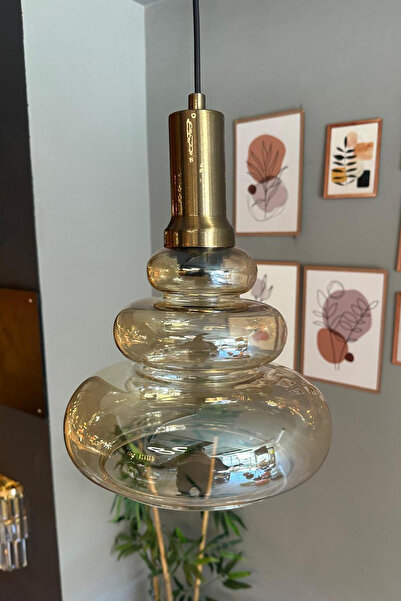 Bamyum Lily Cam Bal Rengi Tekli Avize Eskitme Fener Başlık Retro Sarkıt Lamba Restoran Salon Aydınlatma