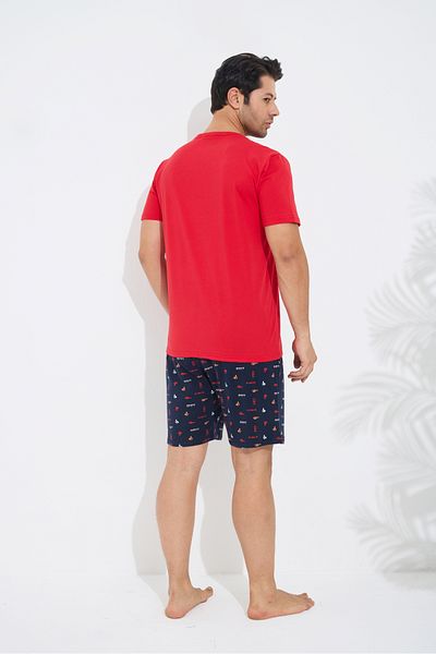 Siyah İnci Red Patterned Cotton Crew Neck Printed Knitted Shorts Set