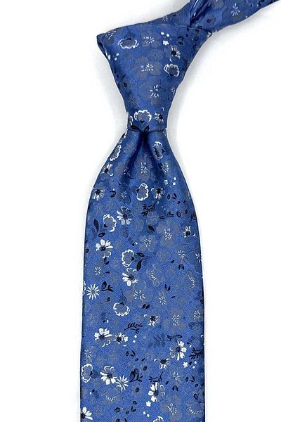 Kravatkolik Classic Tie with Blue Flower Pattern Handkerchief Kk13130