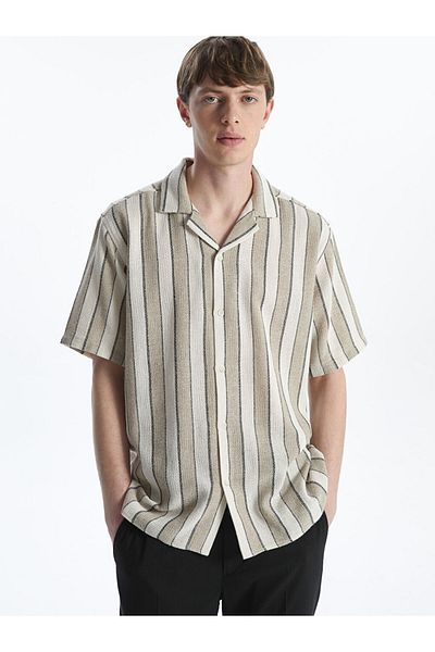LC Waikiki Beige Regular Fit Short Sleeve Striped Men's Shirt