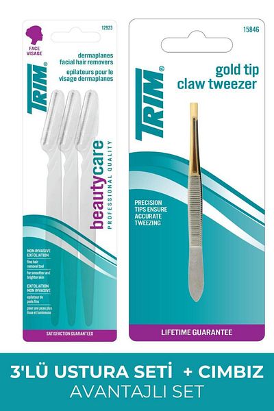Trim 3-Piece Dermaplane Facial Razor / Flat Tip Tweezers (Advantageous Set of 2)