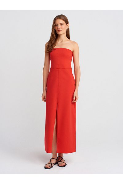 Dilvin 90758 Strapless Dress-Red