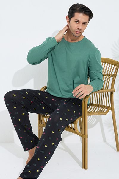 Siyah İnci Green Patterned Cotton Crew Neck Long Sleeve Knitted Pajamas Set