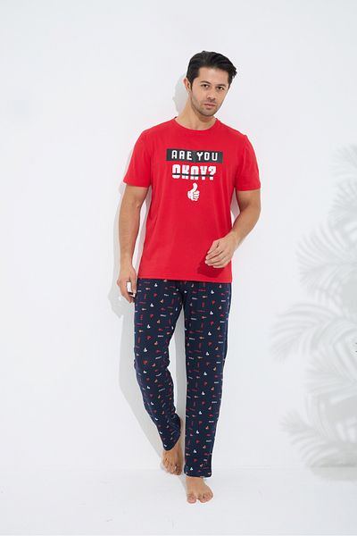 Siyah İnci Red Patterned Cotton Crew Neck Printed Short Sleeve Knitted Pajamas Set