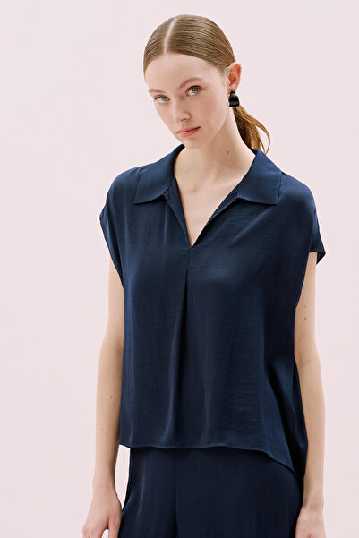 Roman Düşük Omuzlu Saten Bluz Lacivert Y2513005_015