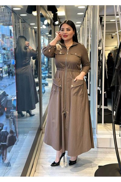 mardi exclusive Γυναικείο Μακρύ Βαμβακερό Φόρεμα Plus Size Καφέ