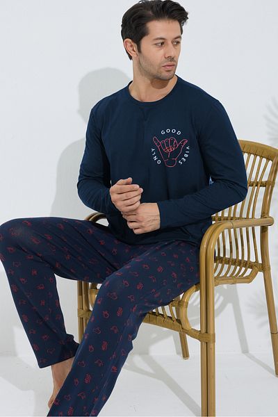 Siyah İnci Navy Blue Patterned Cotton Crew Neck Printed Long Sleeve Knitted Pajama Set