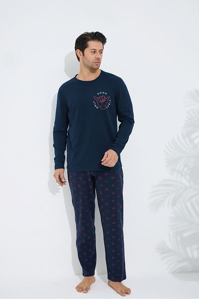 Siyah İnci Navy Blue Patterned Cotton Crew Neck Printed Long Sleeve Knitted Pajama Set